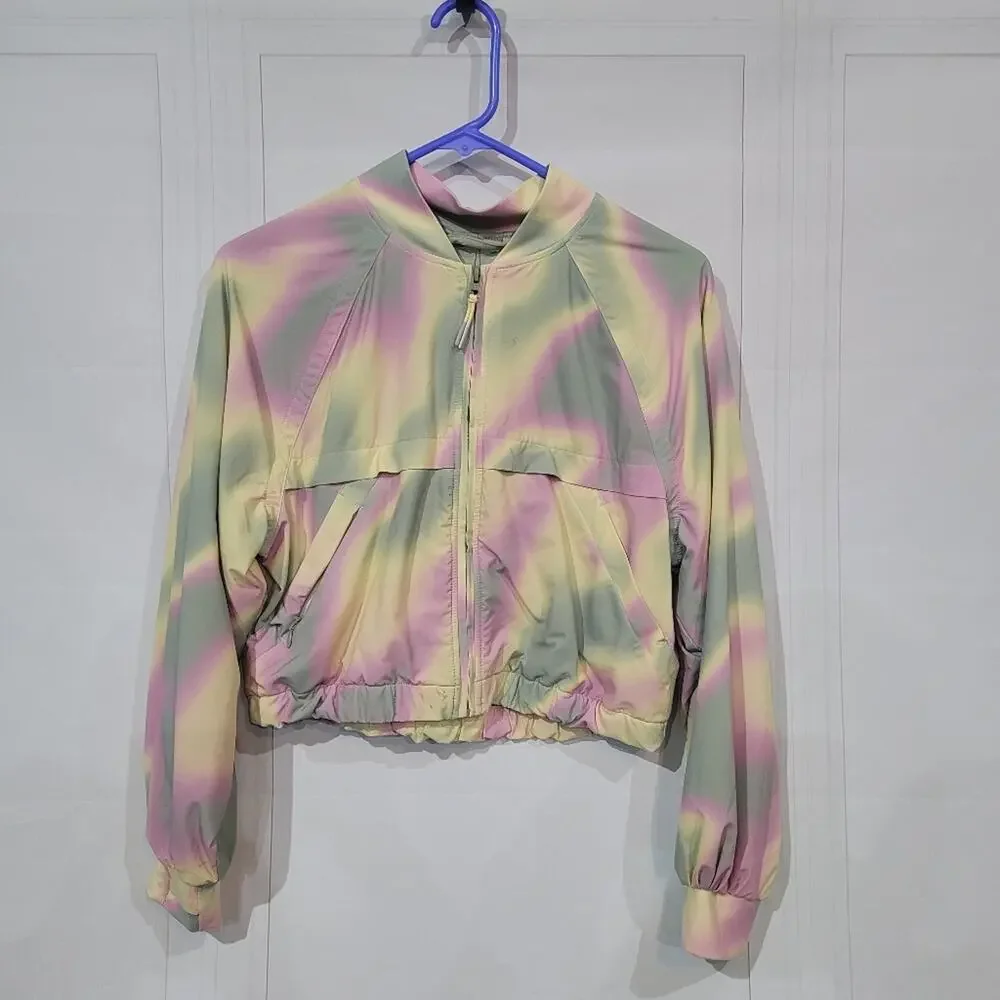 Athleta Girl SZ L Windbreaker Jacket Zip Pastel Tie Dye Lined Cropped Green Pink